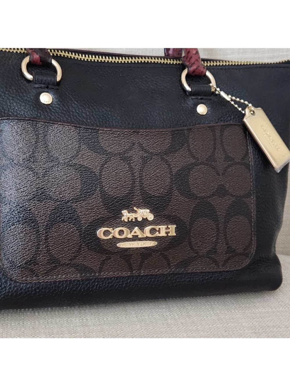 Coach Mini Emma Black Leather Satchel with Dark Brown Trim and Crossbody Strap - Picture 4 of 12